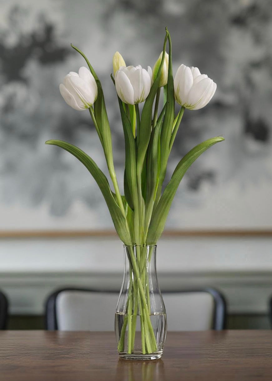 ITEM 10200 W - 16.5" FRESH TOUCH WHITE DOUBLE LATE TULIP BUNDLE (3 FLOWERS & 2 BUDS TO A BUNDLE)