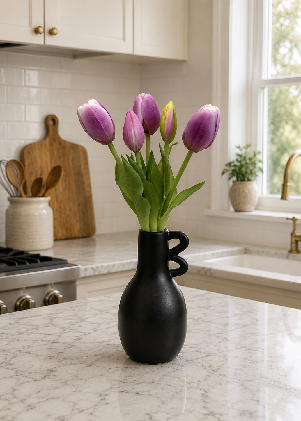 ITEM 10209 LVW - 9.5" FRESH TOUCH MINI DYNASTY LAVENDER WHITE TULIP BUNDLE (3 HEADS, 2 BUDS)