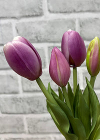 ITEM 10209 LVW(AVAILABLE) - 9.5" FRESH TOUCH MINI DYNASTY LAVENDER WHITE TULIP BUNDLE (3 HEADS, 2 BUDS)