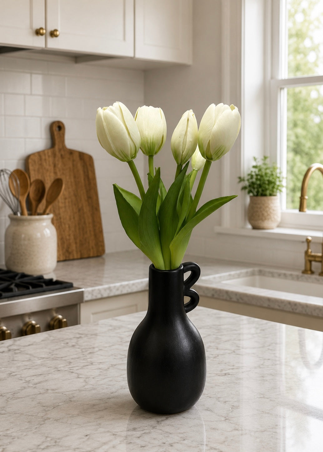 ITEM 10209 W - 9.5" FRESH TOUCH MINI DYNASTY WHITE TULIP BUNDLE (3 HEADS, 2 BUDS)
