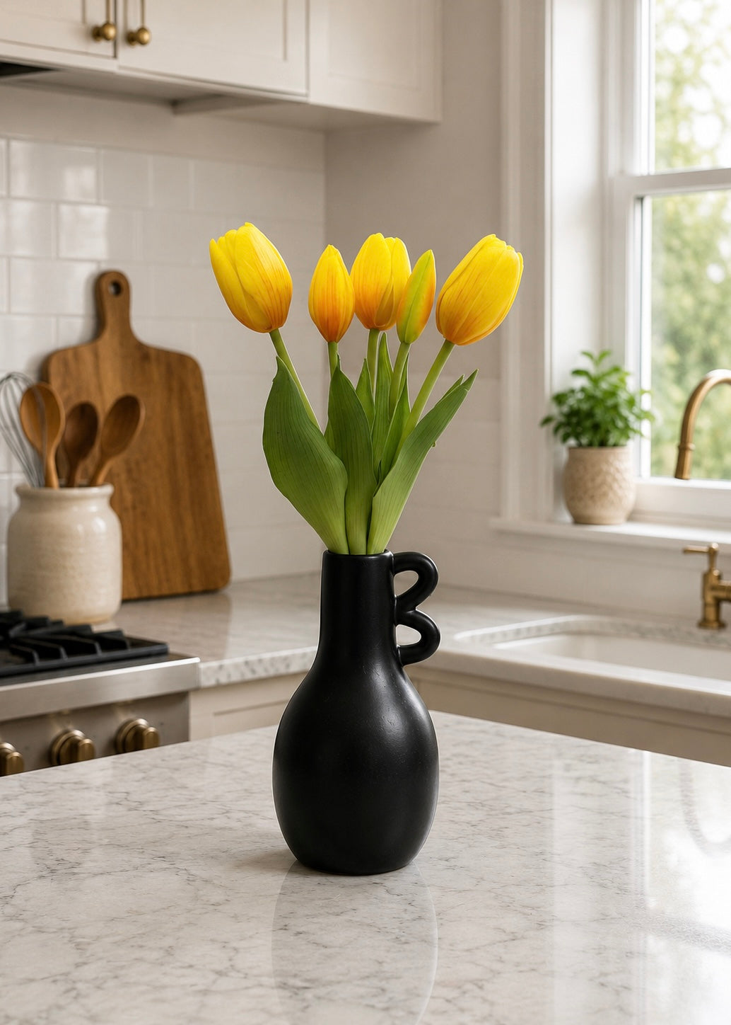 ITEM 10209 Y - 9.5" FRESH TOUCH MINI DYNASTY YELLOW TULIP BUNDLE (3 HEADS, 2 BUDS)