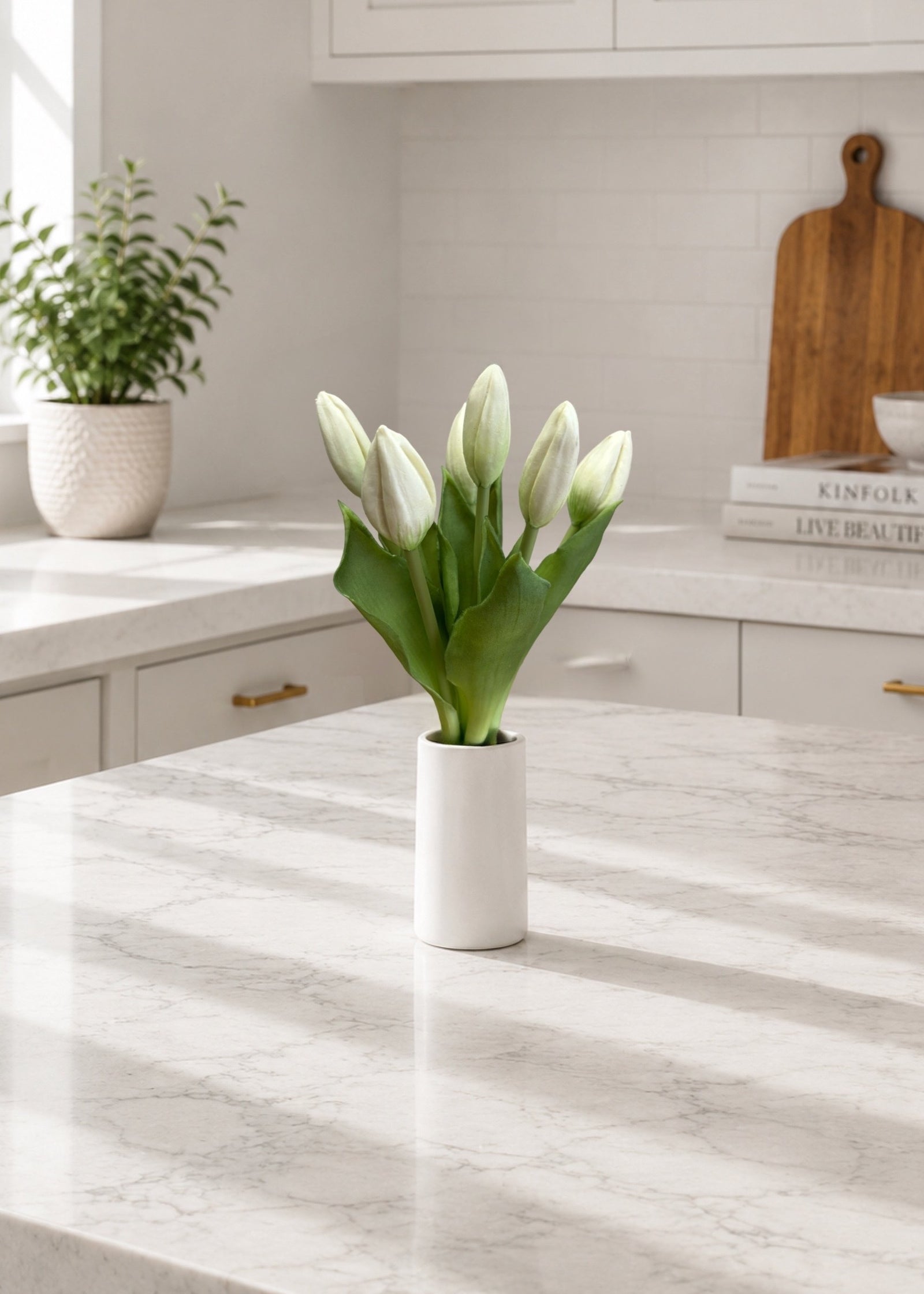 ITEM 10212 W - 11" FRESH TOUCH MINI WHITE TULIP BUD BUNDLE WITH 6 BUDS