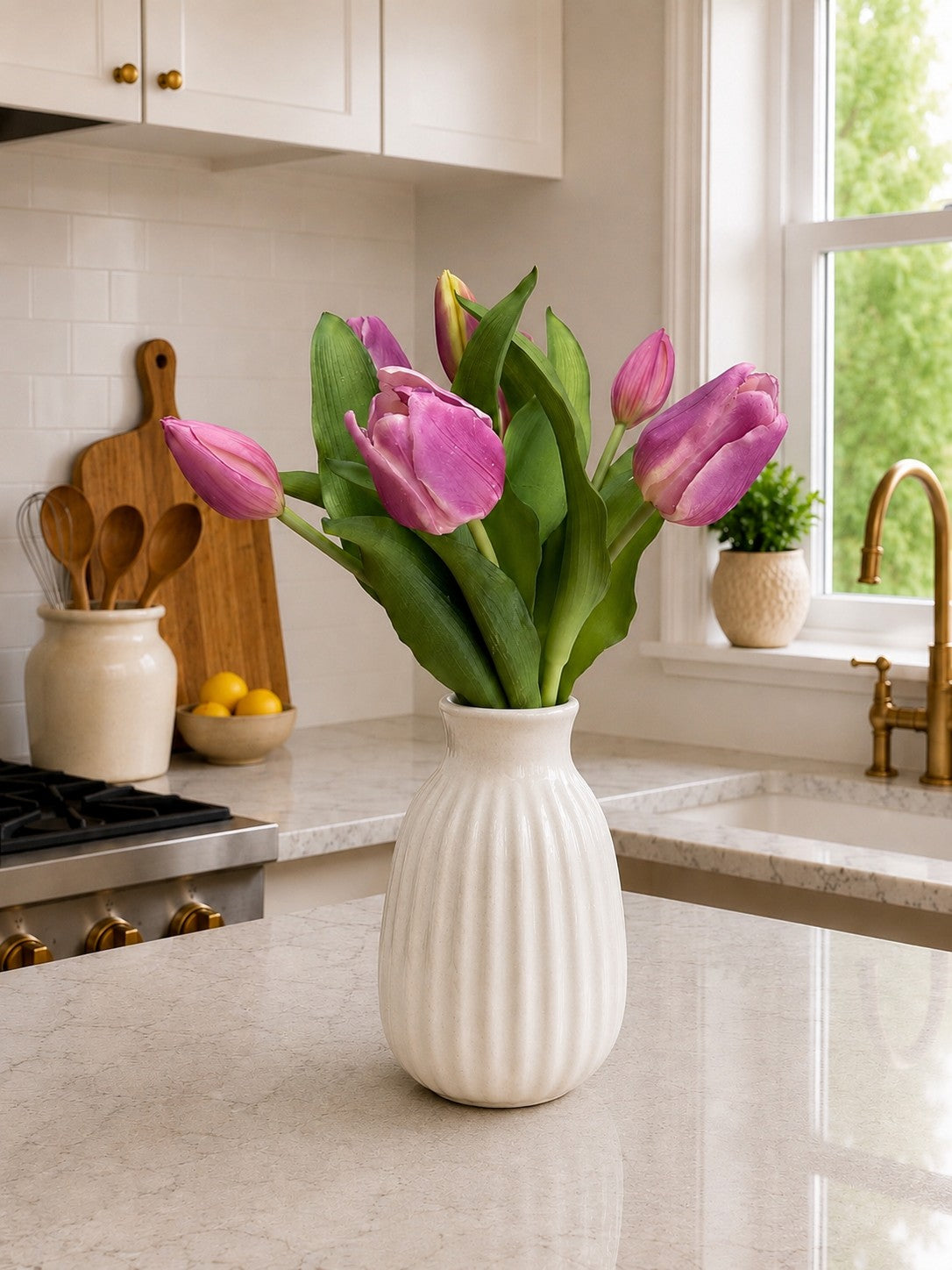 ITEM 10213 LVW - 12" FRESH TOUCH FRENCH LAVENDER WHITE TULIP BUNDLE (4 FLOWERS & 3 BUDS TO A BUNDLE)