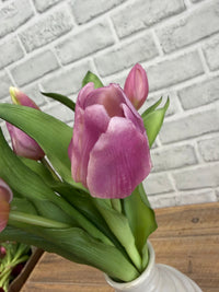 ITEM 10213 LVW - 12" FRESH TOUCH FRENCH LAVENDER WHITE TULIP BUNDLE (4 FLOWERS & 3 BUDS TO A BUNDLE)