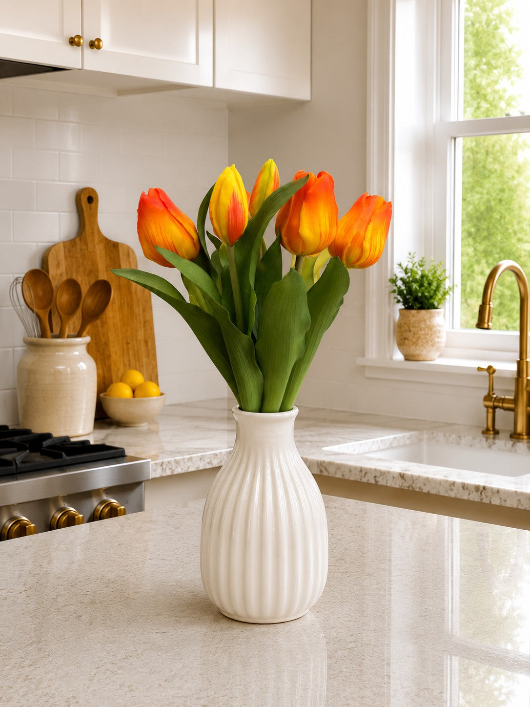 ITEM 10213 O - 12" FRESH TOUCH FRENCH ORANGE TULIP BUNDLE (4 FLOWERS & 3 BUDS TO A BUNDLE)