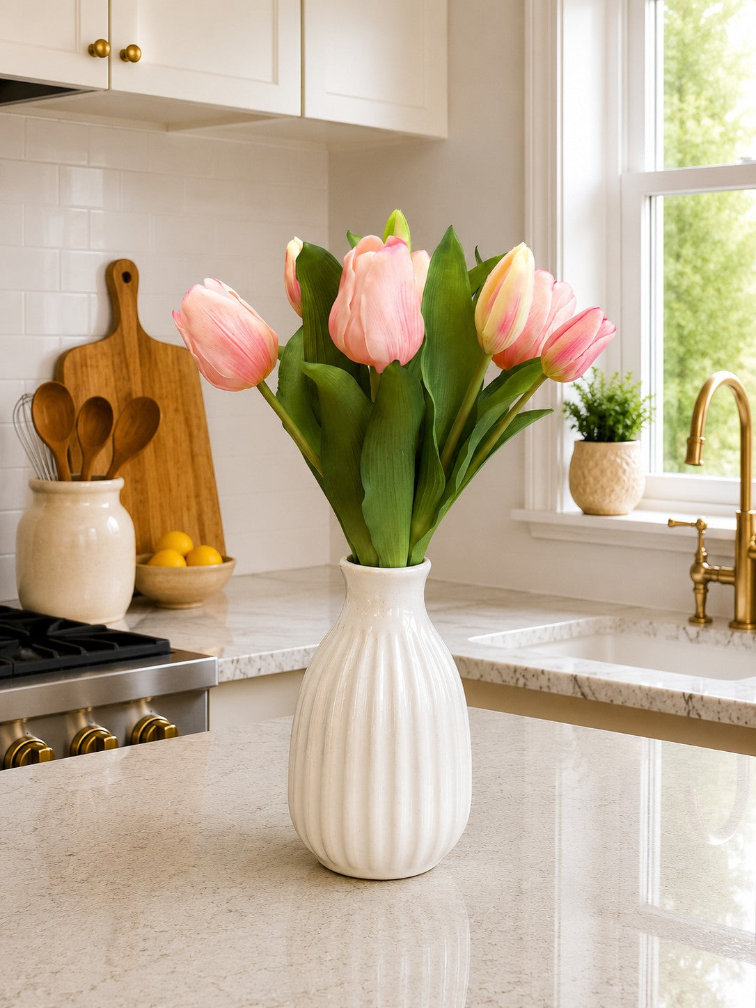 ITEM 10213 PK - 12" FRESH TOUCH FRENCH PINK TULIP BUNDLE (4 FLOWERS & 3 BUDS TO A BUNDLE)