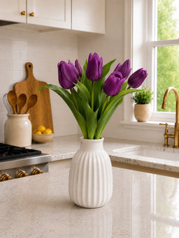 ITEM 10213 PUR - 12" FRESH TOUCH FRENCH PURPLE TULIP BUNDLE (4 FLOWERS & 3 BUDS TO A BUNDLE)