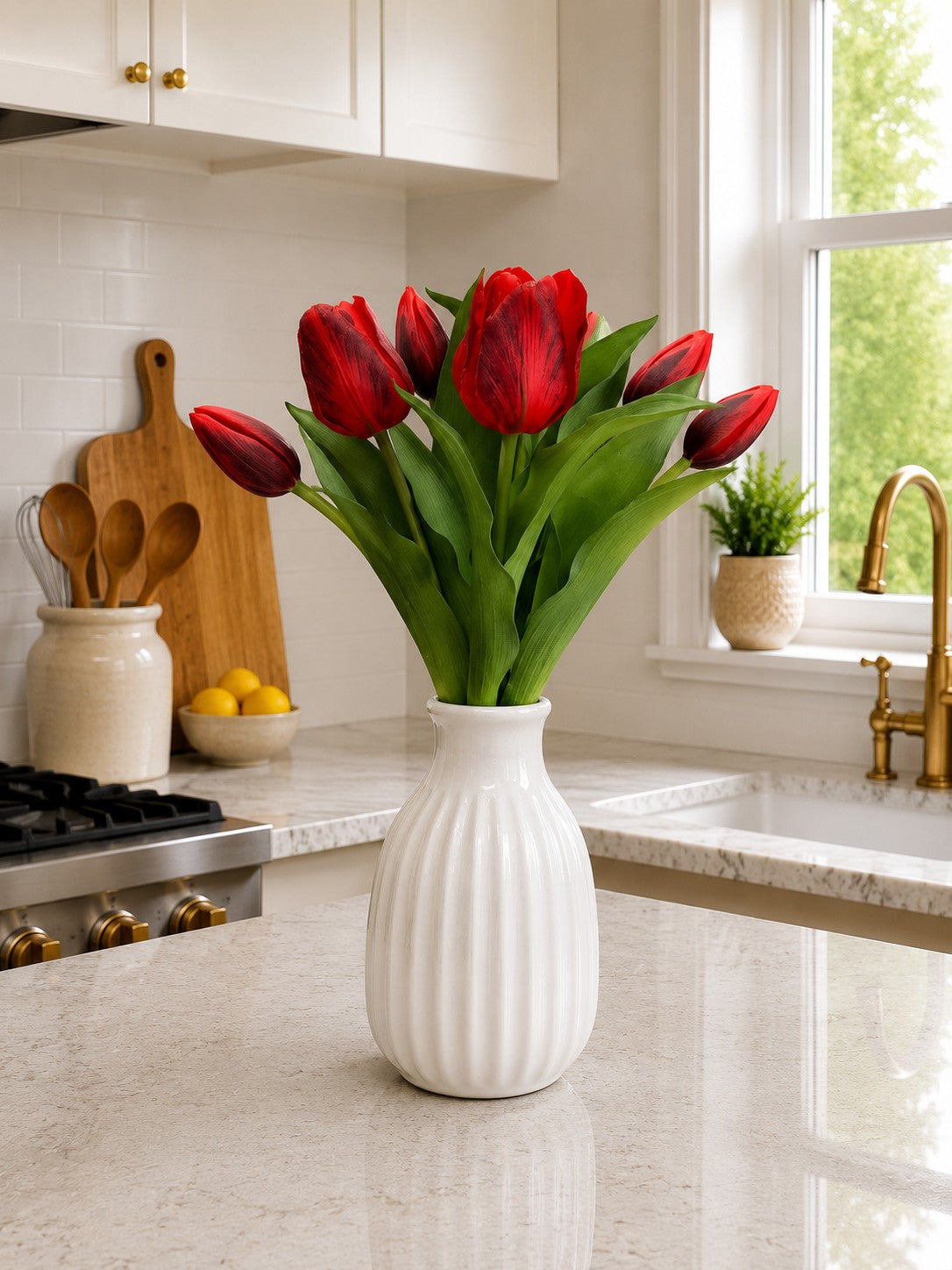 ITEM 10213 RED - 12" FRESH TOUCH FRENCH RED TULIP BUNDLE (4 FLOWERS & 3 BUDS TO A BUNDLE)
