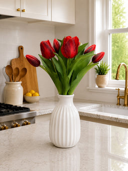 ITEM 10213 RED - 12" FRESH TOUCH FRENCH RED TULIP BUNDLE (4 FLOWERS & 3 BUDS TO A BUNDLE)