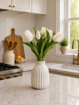 ITEM 10213 W - 12" FRESH TOUCH FRENCH WHITE TULIP BUNDLE (4 FLOWERS & 3 BUDS TO A BUNDLE)