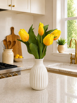 ITEM 10213 Y - 12" FRESH TOUCH FRENCH YELLOW TULIP BUNDLE (4 FLOWERS & 3 BUDS TO A BUNDLE)