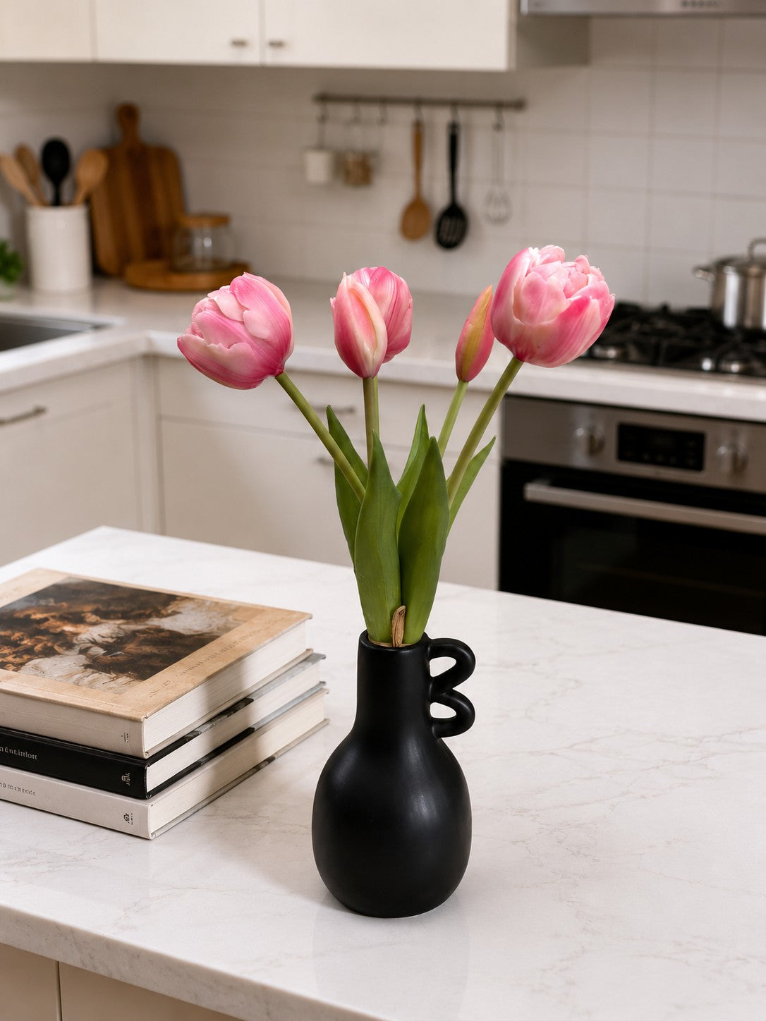 ITEM 10214 COTTON - 10" FRESH TOUCH MINI AVANT GARDE PEONY COTTON CANDY TULIP BUNDLE (3 HEADS, 2 BUDS)