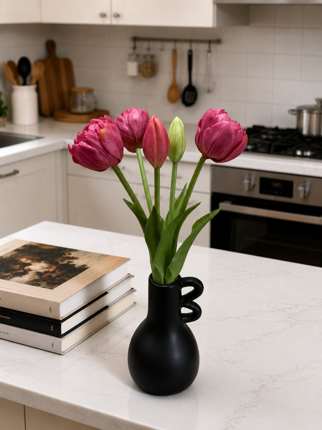 ITEM 10214 DEEPBLUSH - 10" FRESH TOUCH MINI AVANT GARDE PEONY DEEP BLUSH TULIP BUNDLE (3 HEADS, 2 BUDS)
