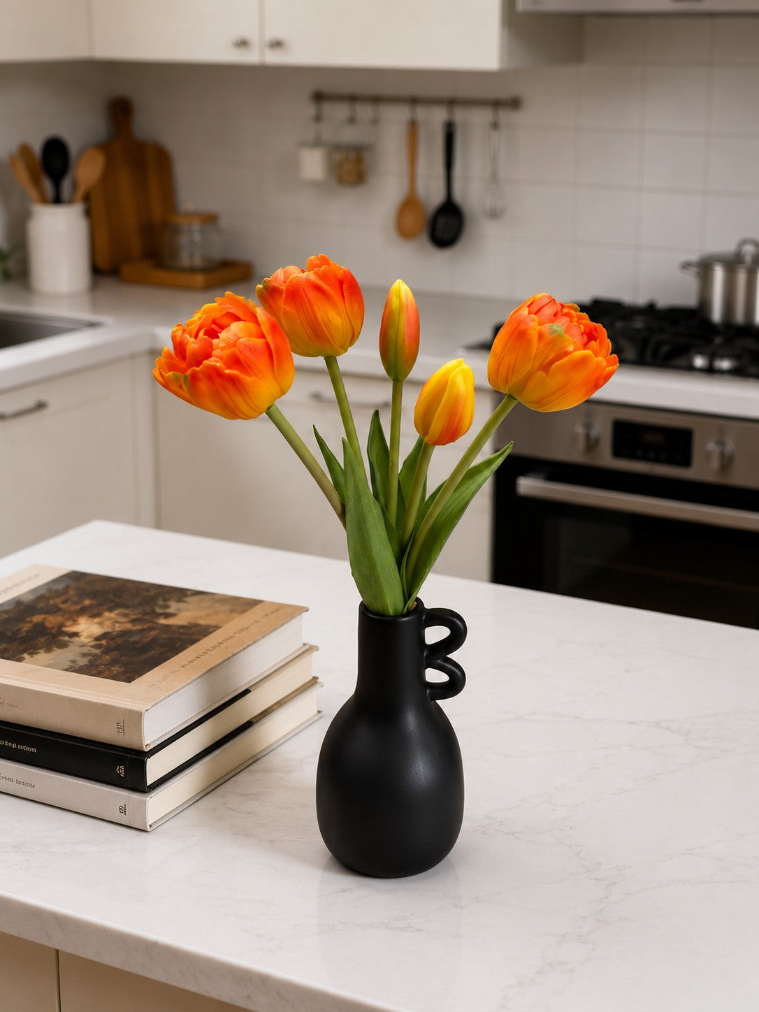 ITEM 10214 O - 10" FRESH TOUCH MINI AVANT GARDE PEONY ORANGE TULIP BUNDLE (3 HEADS, 2 BUDS)