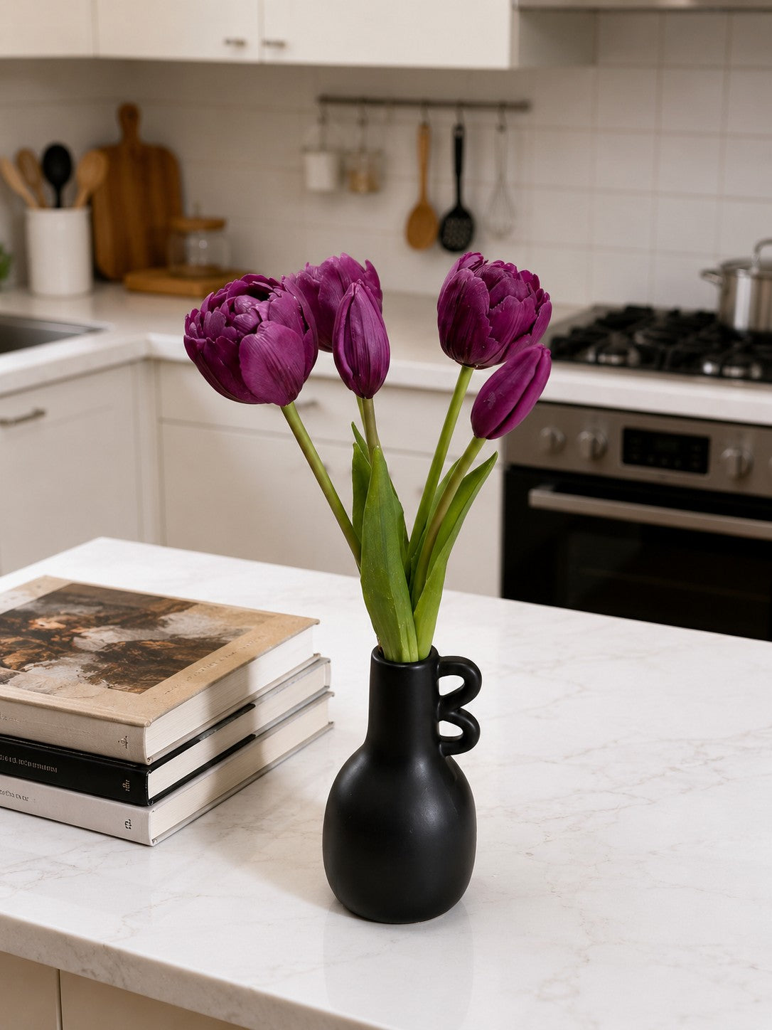 ITEM 10214 PUR - 10" FRESH TOUCH MINI AVANT GARDE PEONY PURPLE TULIP BUNDLE (3 HEADS, 2 BUDS)