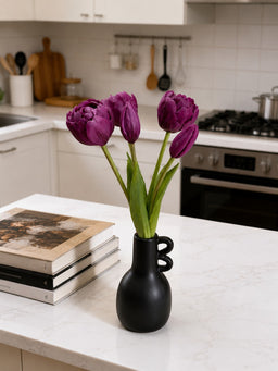 ITEM 10214 PUR - 10" FRESH TOUCH MINI AVANT GARDE PEONY PURPLE TULIP BUNDLE (3 HEADS, 2 BUDS)