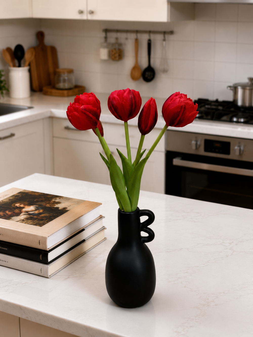 ITEM 10214 RED - 10" FRESH TOUCH MINI AVANT GARDE PEONY RED TULIP BUNDLE (3 HEADS, 2 BUDS)