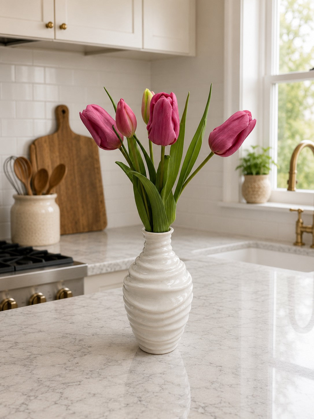 ITEM 10215 DEEPBLUSH - 16" DEEP BLUSH FRESH TOUCH TRIUMPH TULIP BUNDLE WITH 3 HEADS & 2 BUDS