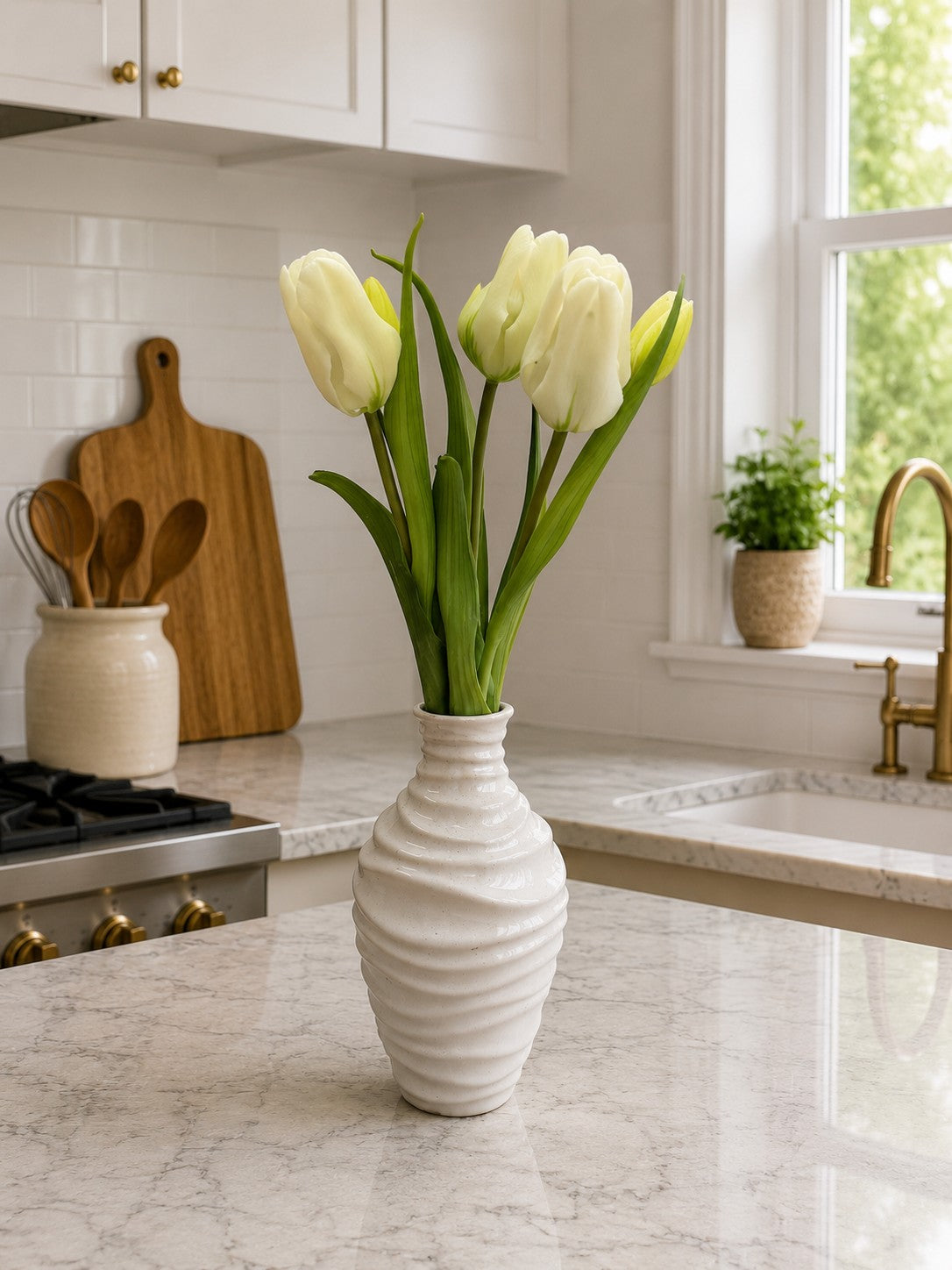ITEM 10215 W - 16" WHITE FRESH TOUCH TRIUMPH TULIP BUNDLE WITH 3 HEADS & 2 BUDS
