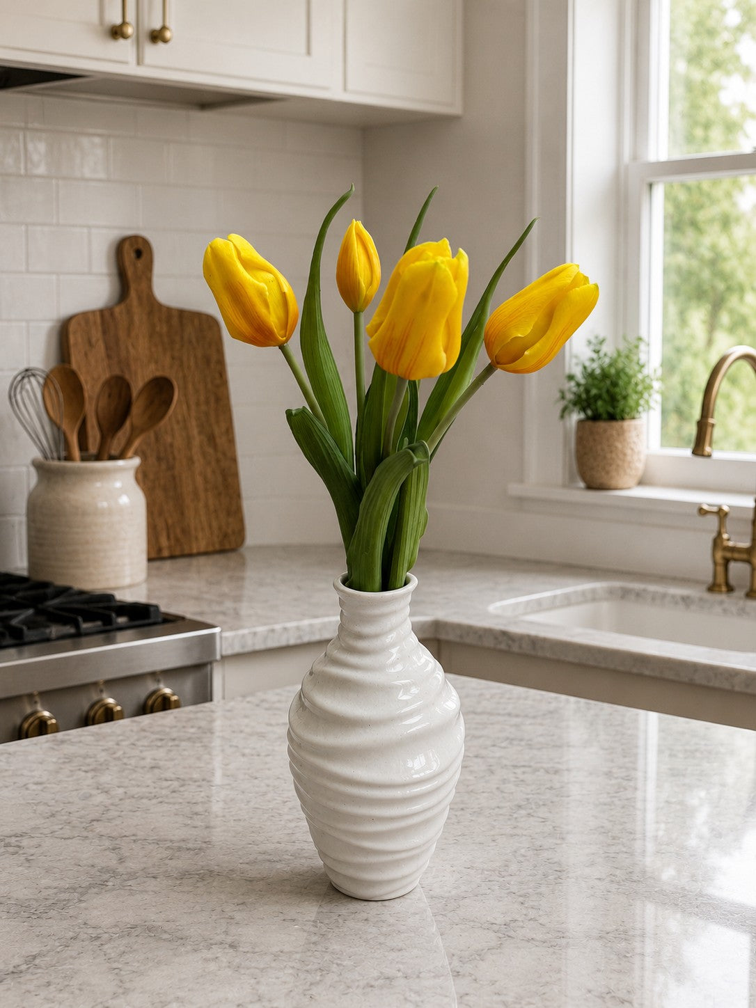 ITEM 10215 Y - 16" WHITE FRESH TOUCH TRIUMPH TULIP BUNDLE WITH 3 HEADS & 2 BUDS