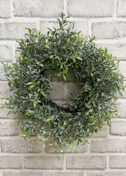 ITEM 11459 - 5.5" INSIDE, 12.5" OUTSIDE DIM -  DUSTED MINI LEAF BOXWOOD WREATH