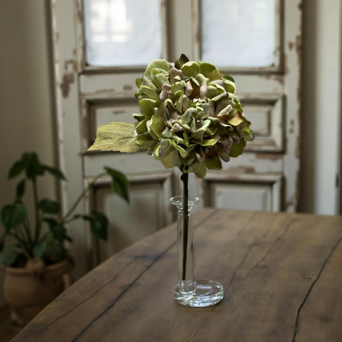 ITEM 11546 GR  - 14" GREEN DRIED LOOK HYDRANGEA STEM