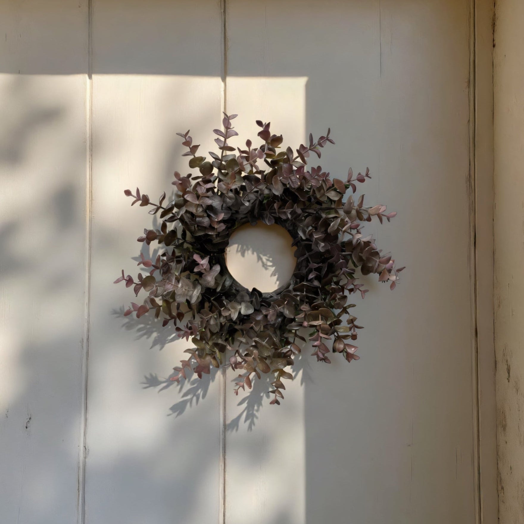 ITEM 11596 BUR - 4" INSIDE DIM, 13" OUTSIDE DIM BURGUNDY EUCALYPTUS CANDLE RING/WREATH