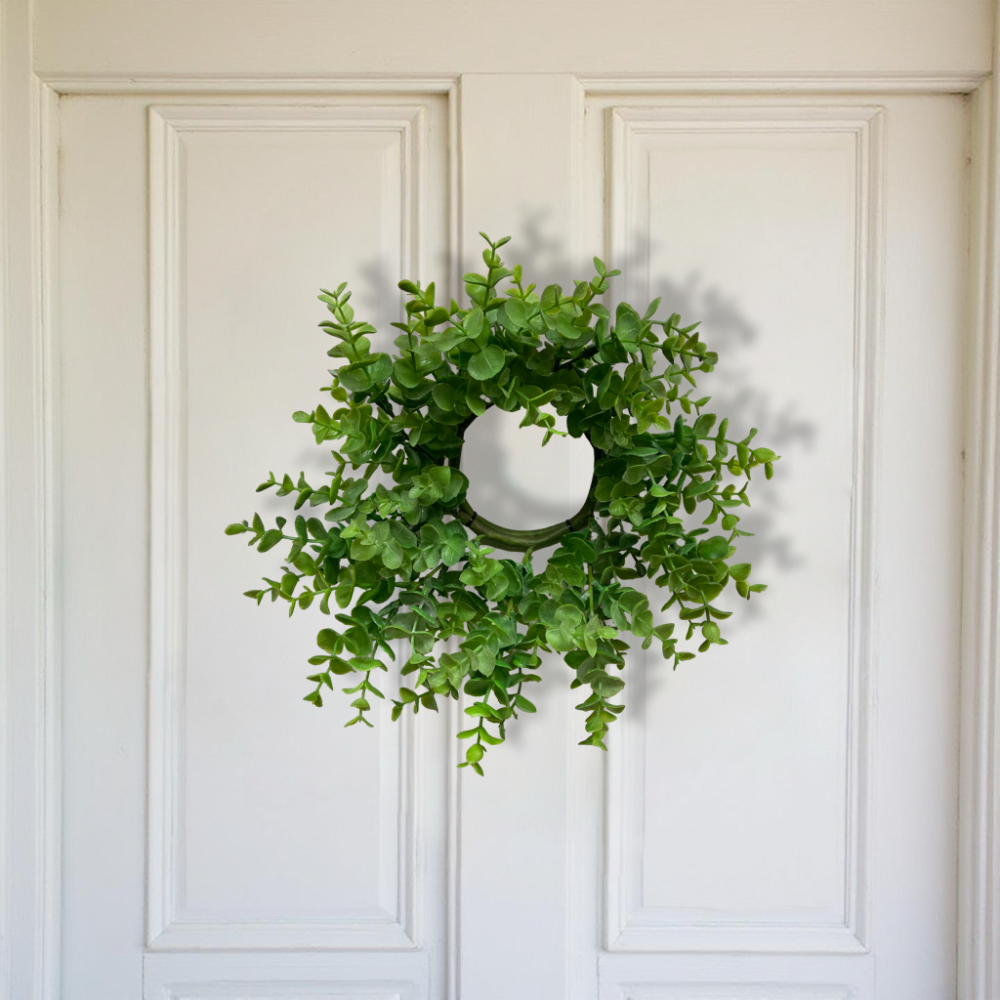 ITEM 11596 GR - 4" INSIDE DIM, 13" OUTSIDE DIM GREEN EUCALYPTUS CANDLE RING/WREATH