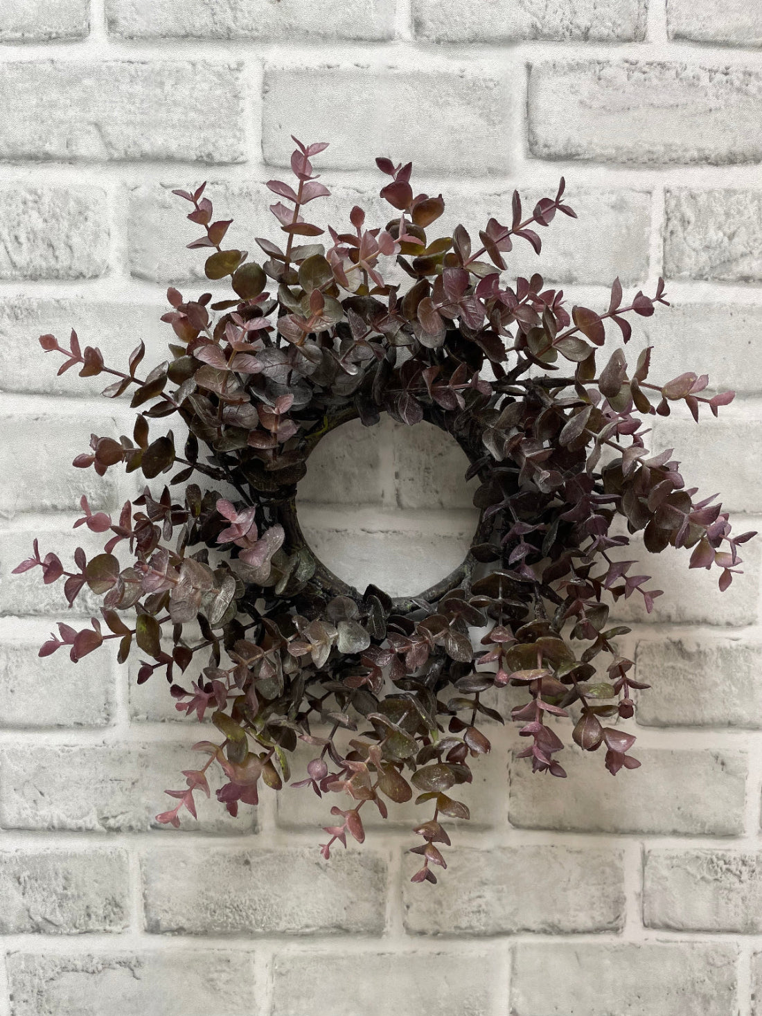 ITEM 11596 BUR - 4" INSIDE DIM, 13" OUTSIDE DIM BURGUNDY EUCALYPTUS CANDLE RING/WREATH