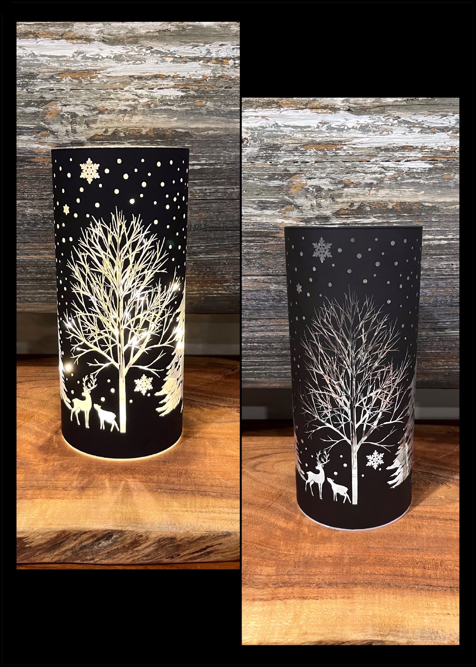 ITEM 1653BK - 3.5"X6" MATT BLACK LED TREE W/REINDEER GLASS CYLINDER W/TIMER