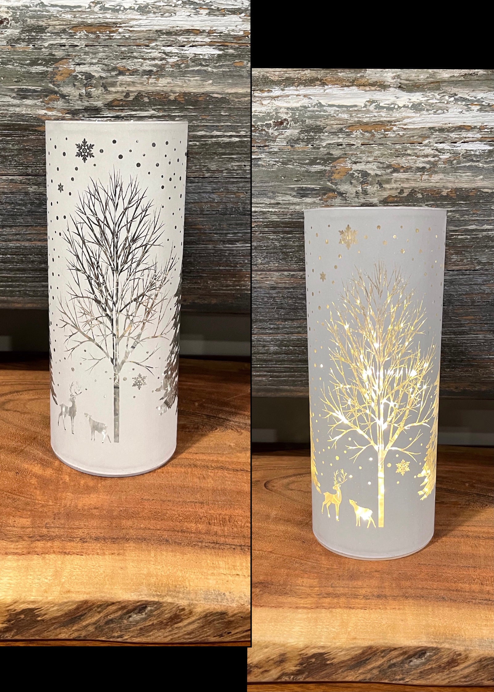 ITEM 1653W - 3.5"X6" MATT WHITE LED TREE W/REINDEER GLASS CYLINDER W/TIMER