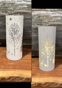 ITEM 1653W - 3.5"X6" MATT WHITE LED TREE W/REINDEER GLASS CYLINDER W/TIMER