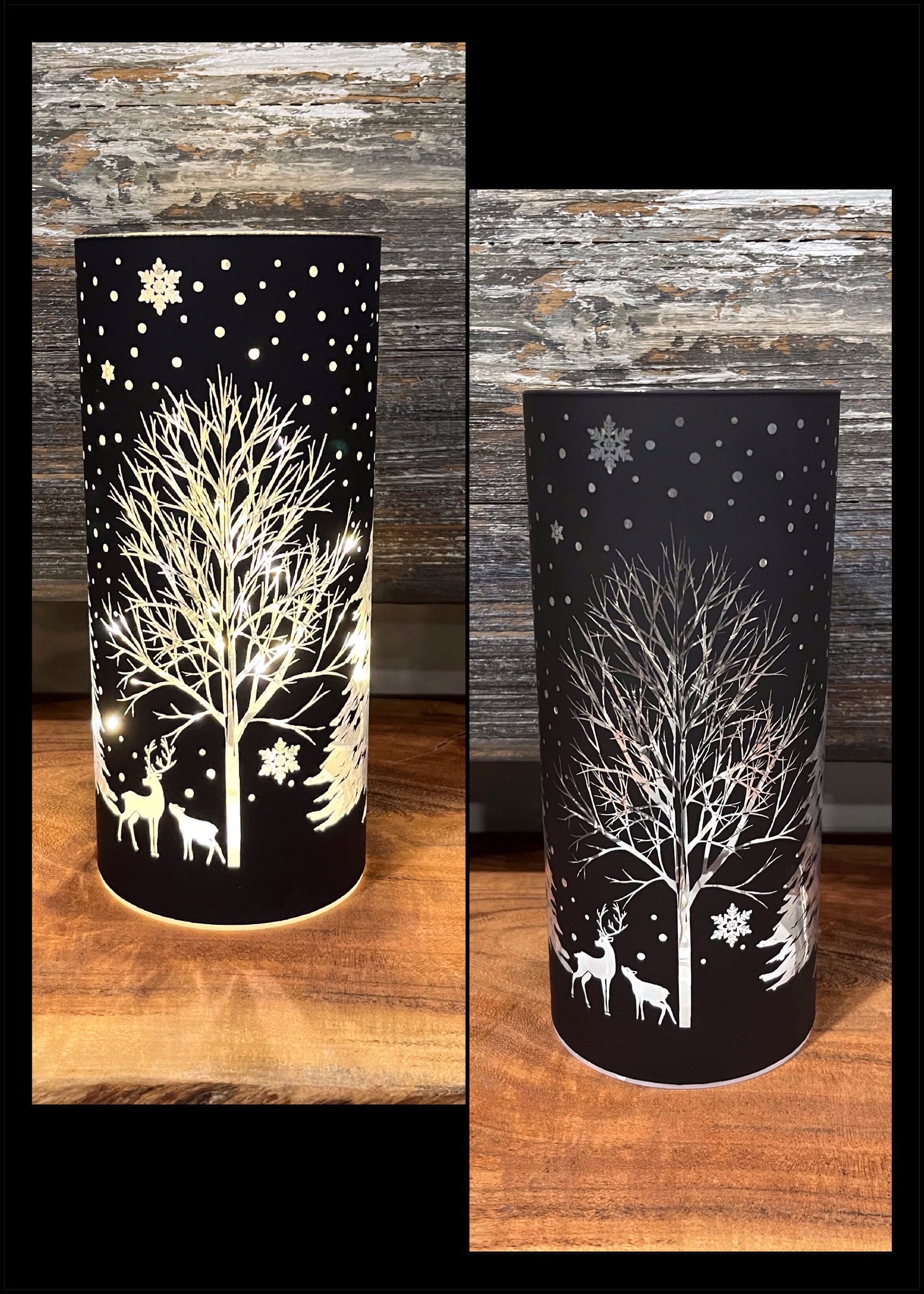 ITEM 1654BK - 3.5"X8" MATT BLACK LED TREE W/REINDEER GLASS CYLINDER W/TIMER