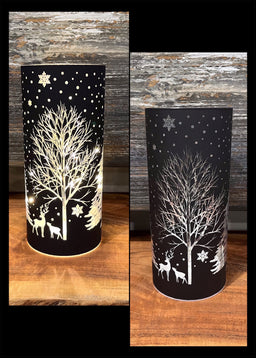 ITEM 1654BK - 3.5"X8" MATT BLACK LED TREE W/REINDEER GLASS CYLINDER W/TIMER