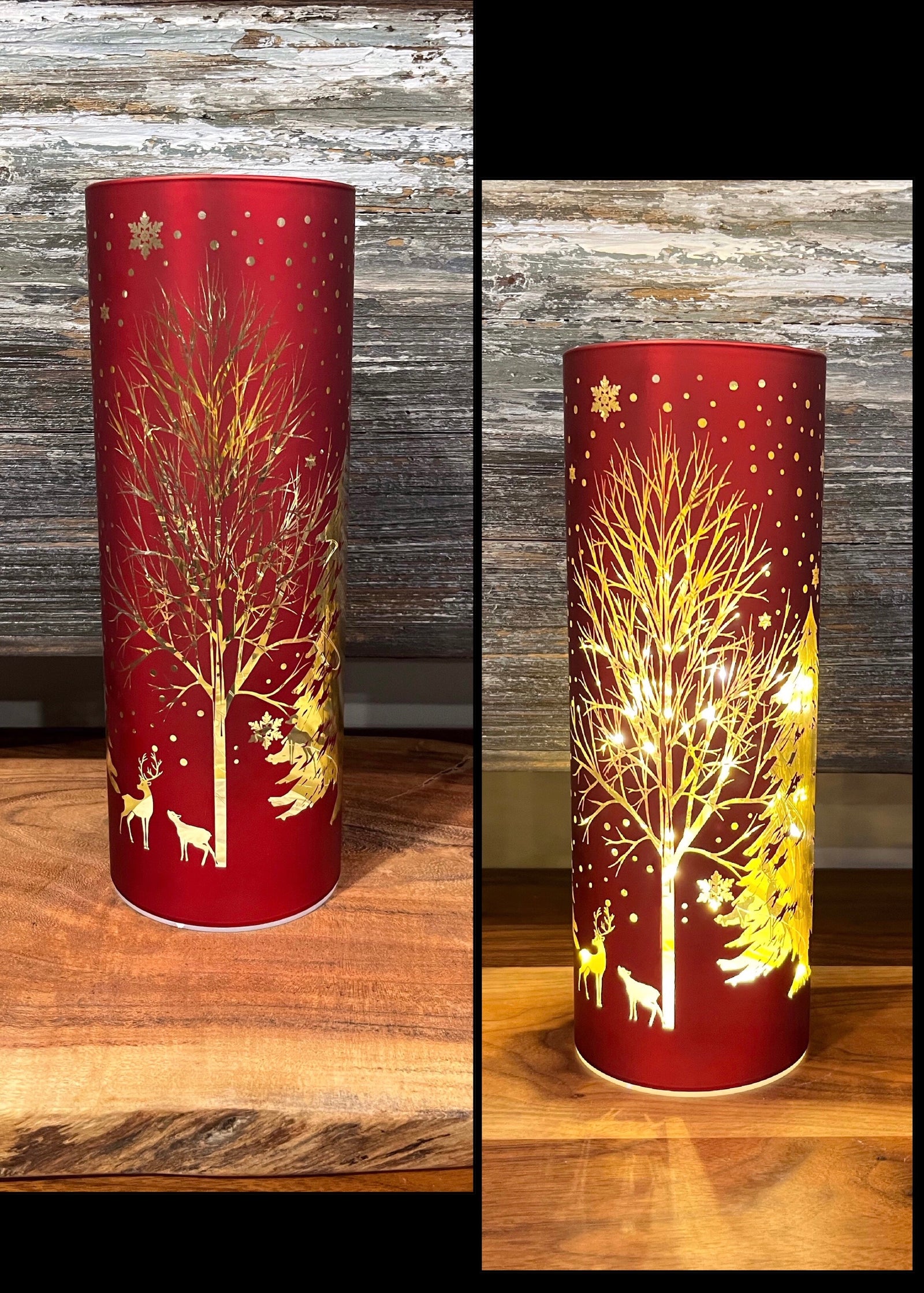 ITEM 1654R - 3.5"X8" MATT RED LED TREE W/REINDEER GLASS CYLINDER W/TIMER