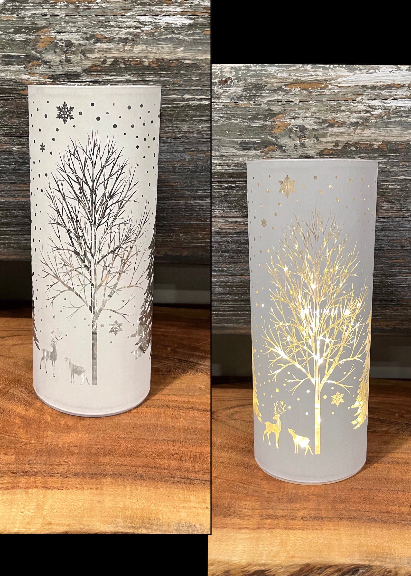 ITEM 1654W - 3.5"X8" MATT WHITE LED TREE W/REINDEER GLASS CYLINDER W/TIMER