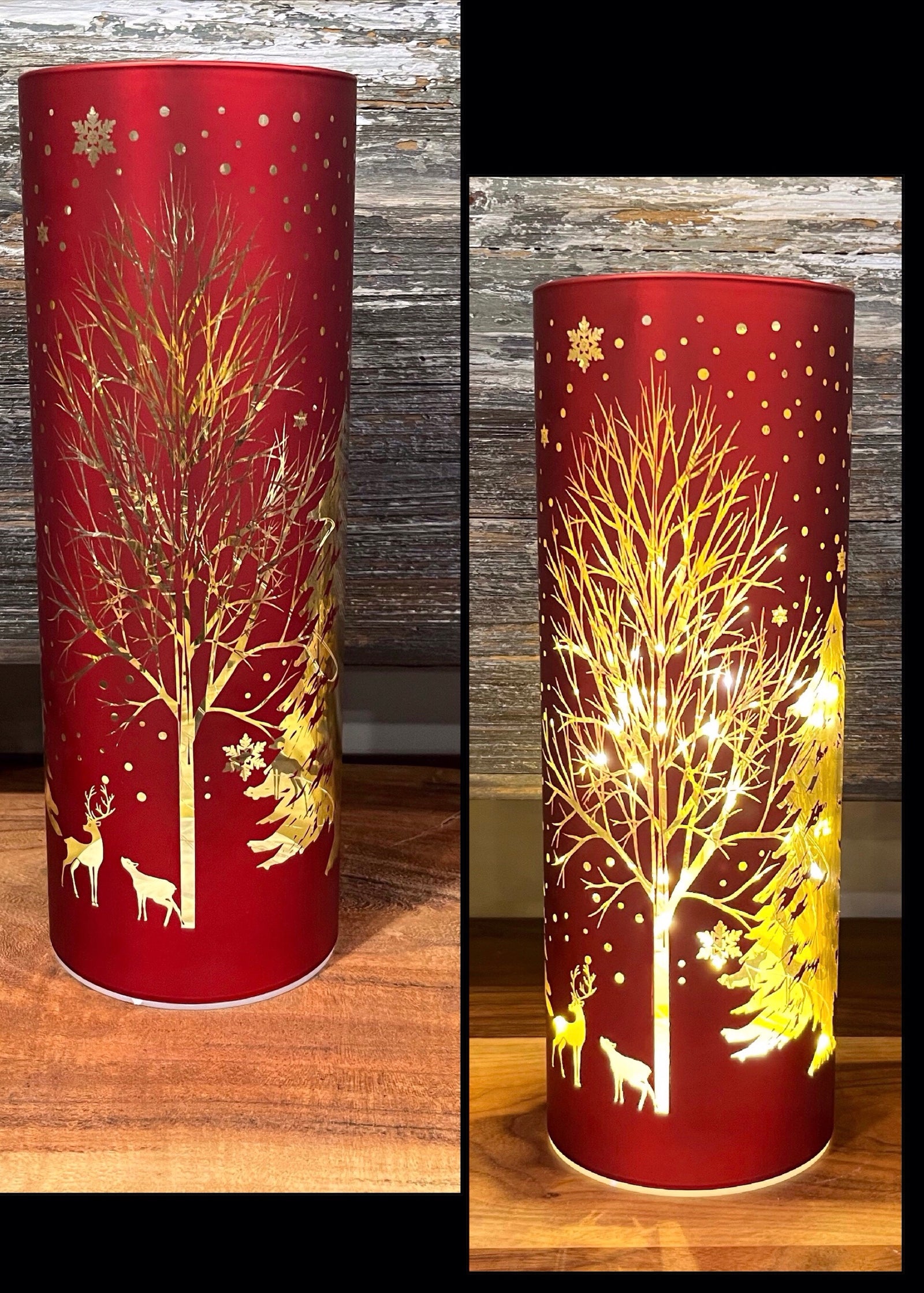 ITEM 1655R - 3.5"X10" MATT RED LED TREE W/REINDEER GLASS CYLINDER W/TIMER