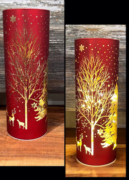 ITEM 1655R - 3.5"X10" MATT RED LED TREE W/REINDEER GLASS CYLINDER W/TIMER
