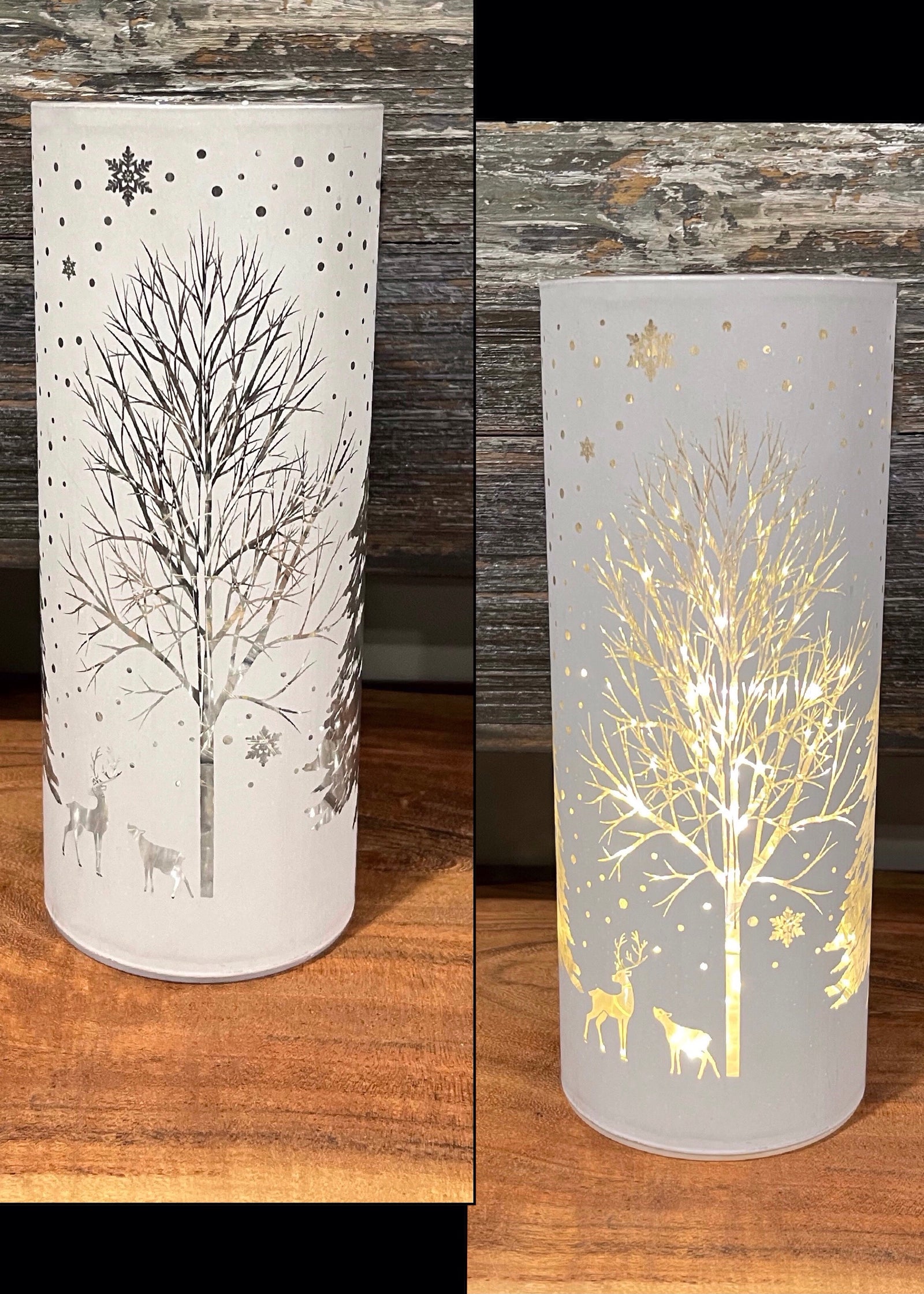 ITEM 1655W - 3.5"X10" MATT WHITE LED TREE W/REINDEER GLASS CYLINDER W/TIMER