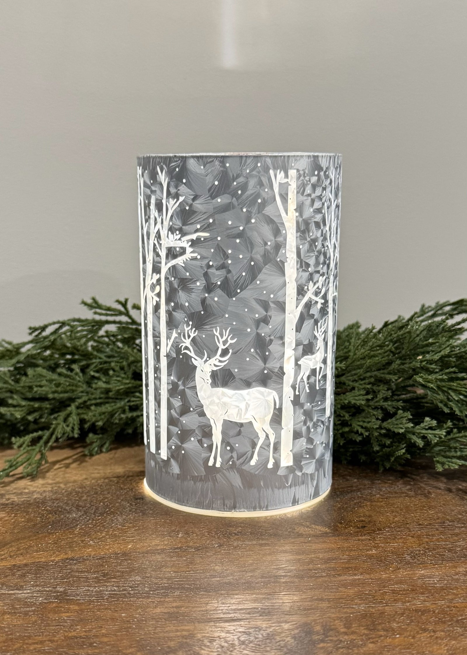ITEM 1656 - 3.54" X 6" GRAY LED GLASS CYLINDER W/DEER IN WINTER FOREST W/TIMER