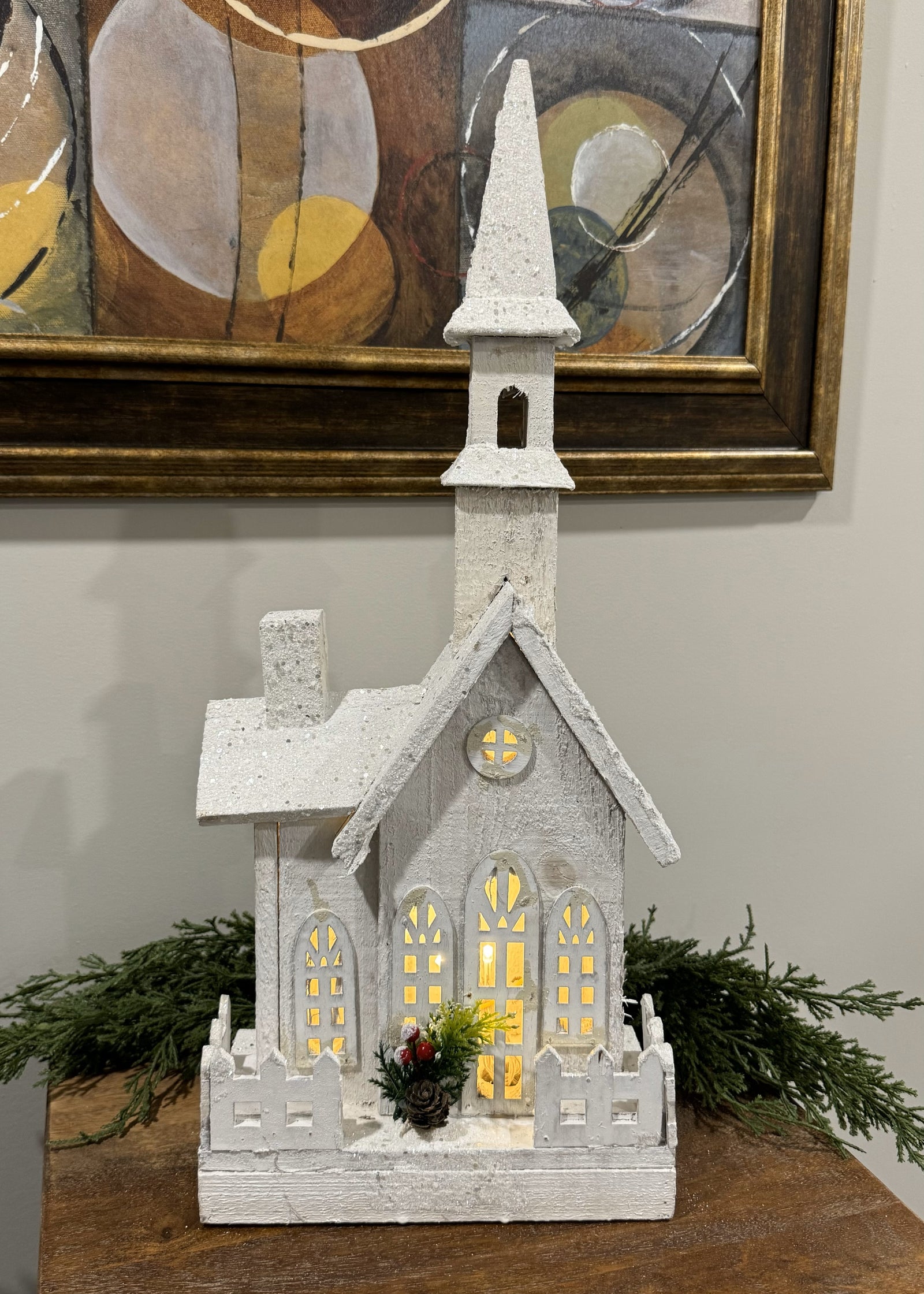 ITEM 1672 - 8.75" X 5" X 21" LED WHITE WOODEN CHURCH WITH FENCE WITH TIMER
