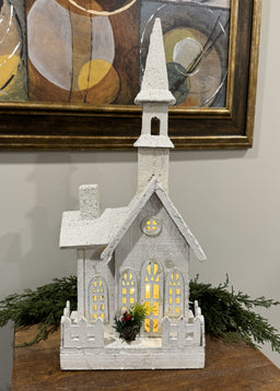 ITEM 1672 - 8.75" X 5" X 21" LED WHITE WOODEN CHURCH WITH FENCE WITH TIMER