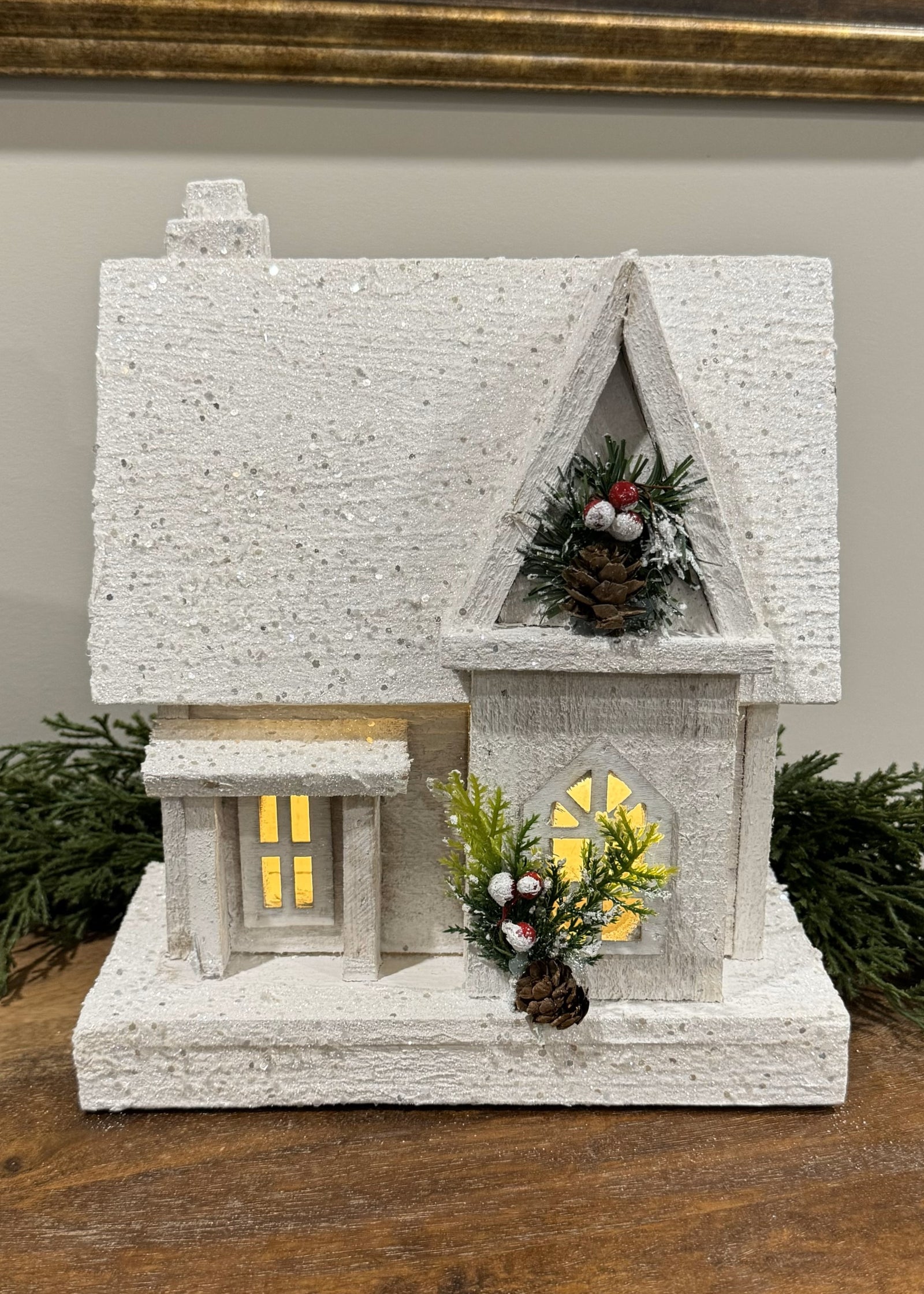 ITEM 1674 - 9.5" X 4.25" X 12" LED WHITE WOODEN HOUSE WITH TIMER