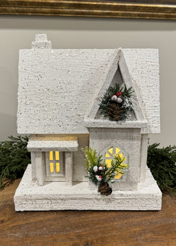 ITEM 1674 - 9.5" X 4.25" X 12" LED WHITE WOODEN HOUSE WITH TIMER