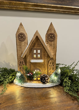 ITEM 1676 - 8.5" X 3.5" X 10" LED NATURAL WOODEN CATHEDRAL WITH TIMER