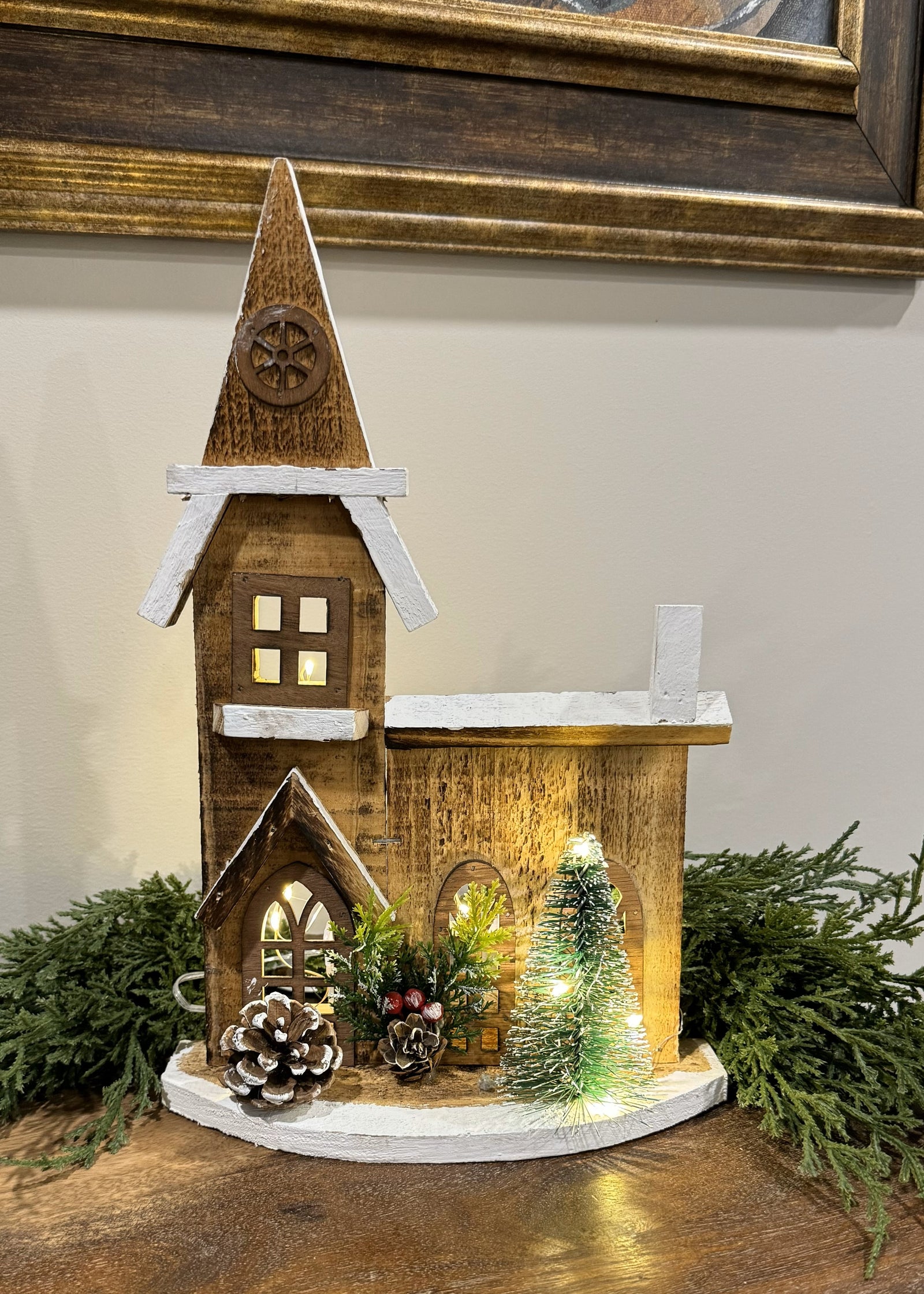 ITEM 1678 - 8.5" X 3.25" X 13" LED NATURAL WOODEN CHURCH WITH TIMER