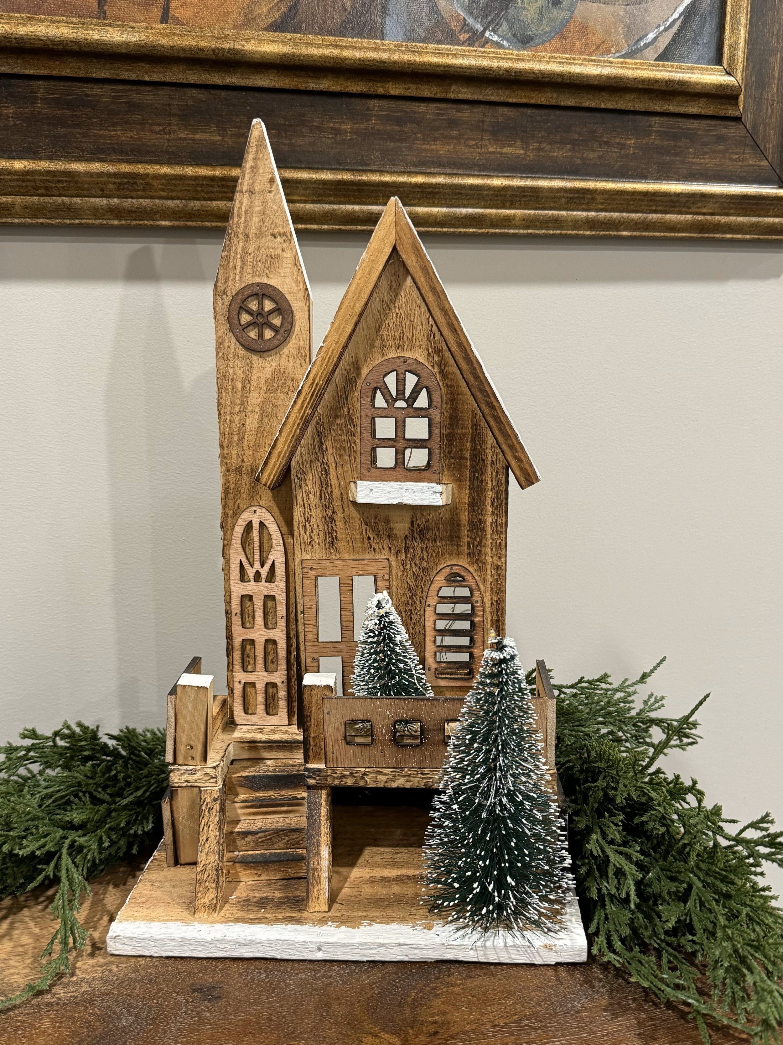 ITEM 1679 - 8.25" X 5" X 14.5" LED NATURAL WOODEN CHURCH WITH PORCH W/TIMER