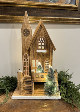 ITEM 1679 - 8.25" X 5" X 14.5" LED NATURAL WOODEN CHURCH WITH PORCH W/TIMER