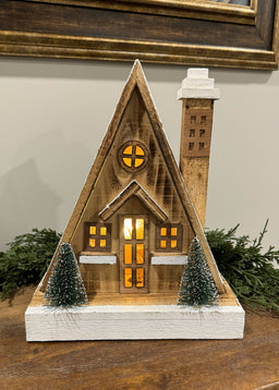 ITEM 1680 - 9.5" X 4.75" X 11.5" LED NATURAL WOODEN CABIN WITH TIMER