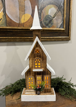 ITEM 1681 - 7.5" X 3.5" X 19.75" LED NATURAL WOODEN CHURCH WITH TIMER